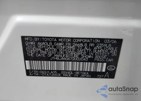 2007 Lexus Es 350 z USA, uszkodzony, nr VIN JTHBJ46G672002043